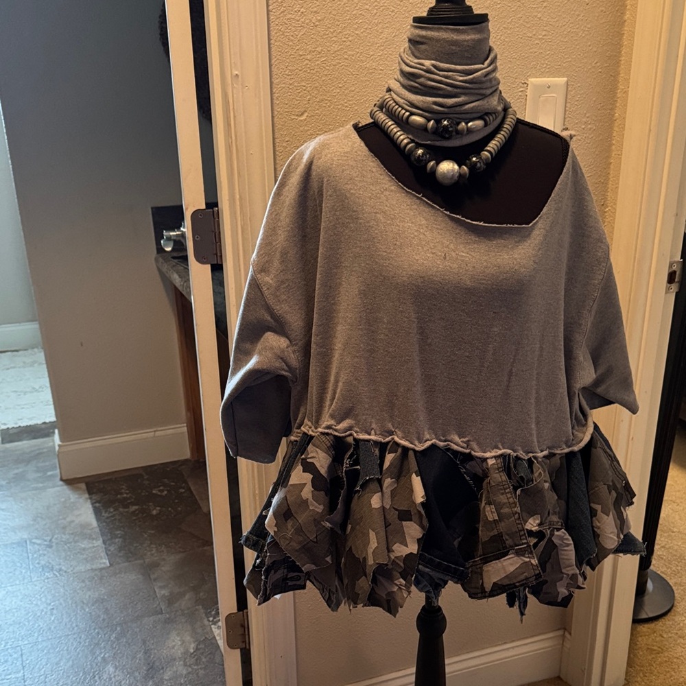 Gray Camouflage Ruffle Sweatshirt - Picture 2 of 3